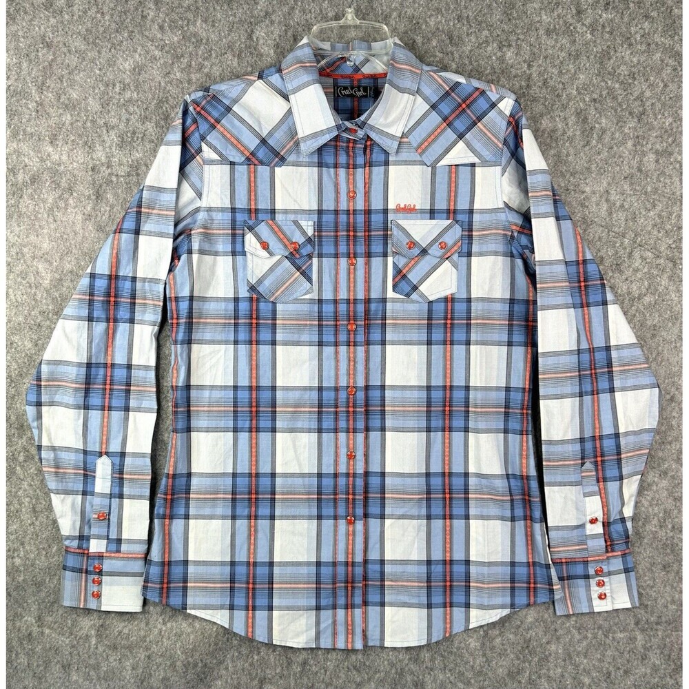 Cruel Western Shirt Arena Fit Size L Pearl Snap Cowgirl Long Sleeve Blue Plaid